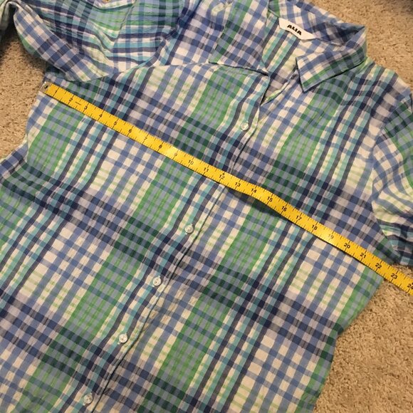 Vintage Alia Plaid Seersucker Green & Blue Picnic Button Down Shirt - Picture 13 of 16